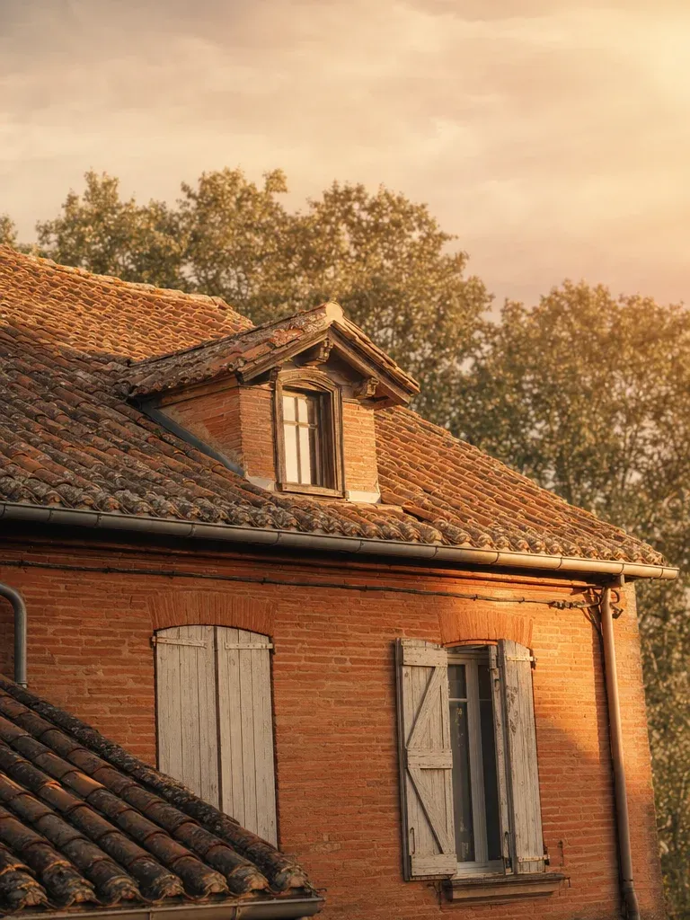 Maison toulousaine traditionnelle en brique foraine avec toit en tuiles canal et lucarne donnant sur les combles, lumière dorée d'après-midi