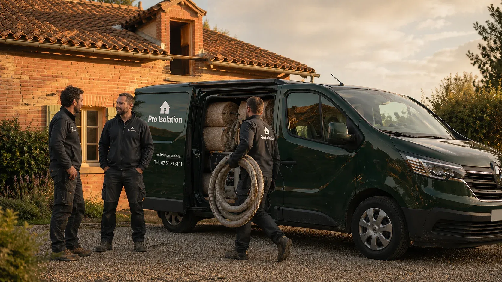 L'équipe Pro Isolation devant son utilitaire vert lors d'un chantier d'isolation en Occitanie