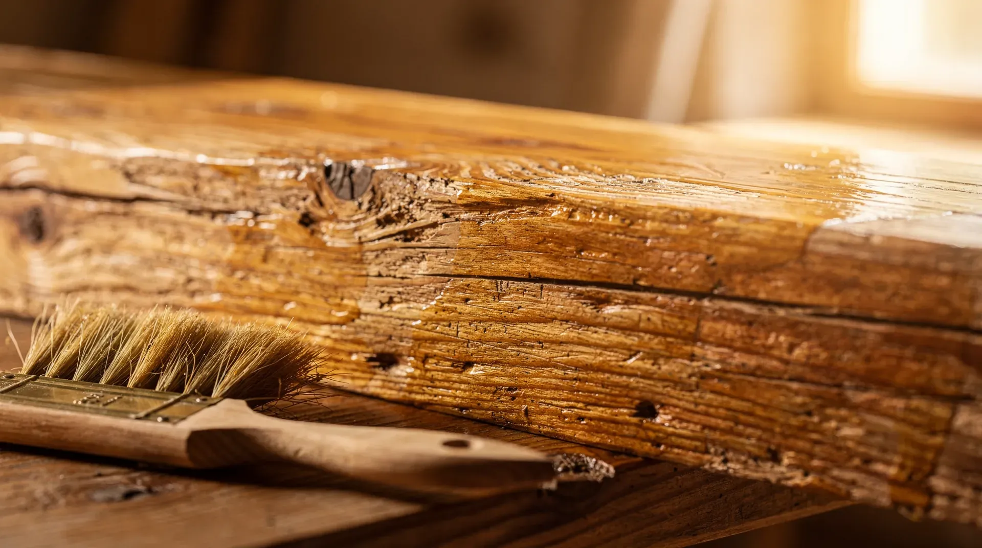 Poutre en chêne ancienne fraîchement traitée avec produit protecteur, lumière dorée
