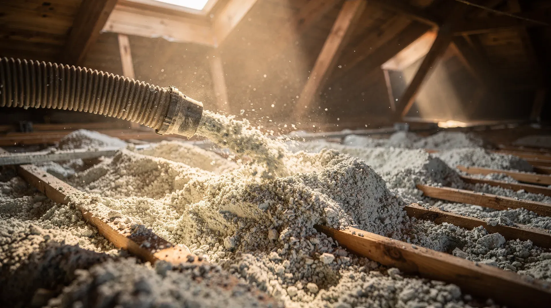 Chantier de soufflage d'isolation dans des combles perdus, lance projetant la cellulose