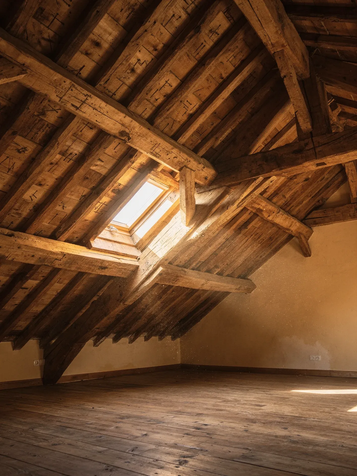 Charpente en chêne ancienne préservée avec poutres massives et lumière dorée
