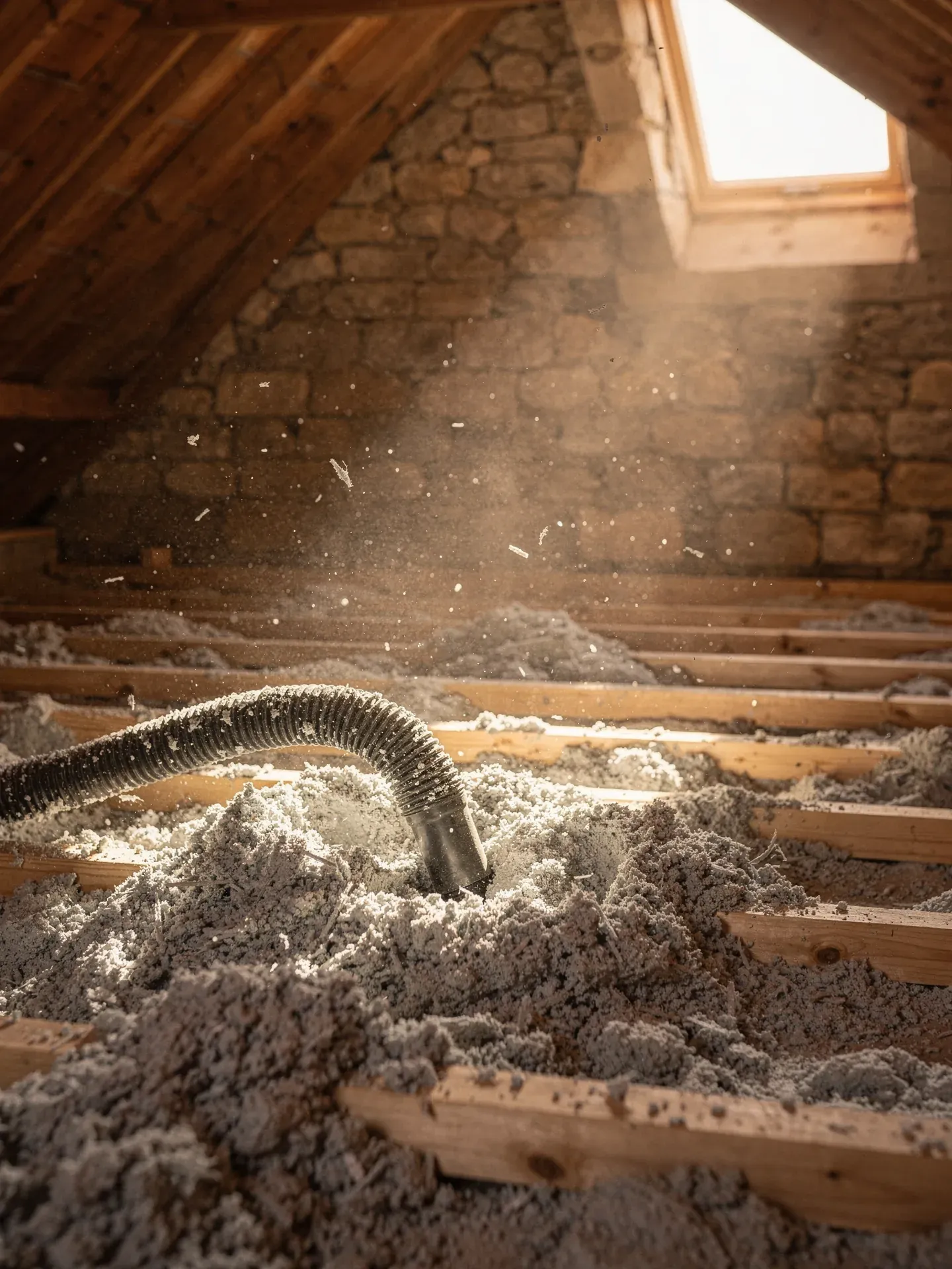Soufflage d'isolant cellulose dans des combles, particules en suspension dans la lumière