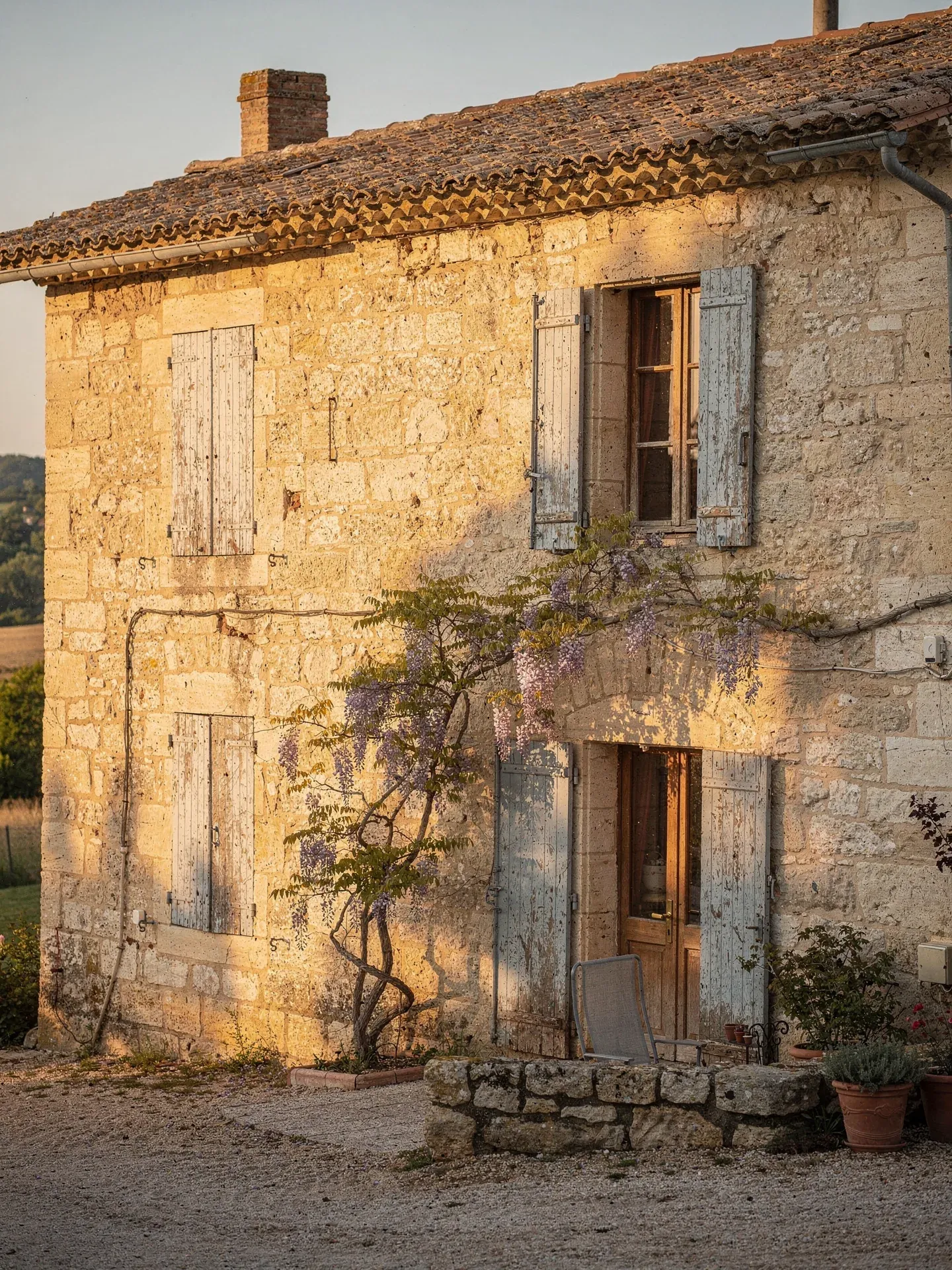 Maison gasconne traditionnelle en pierre calcaire à Auch avec volets bleu-gris