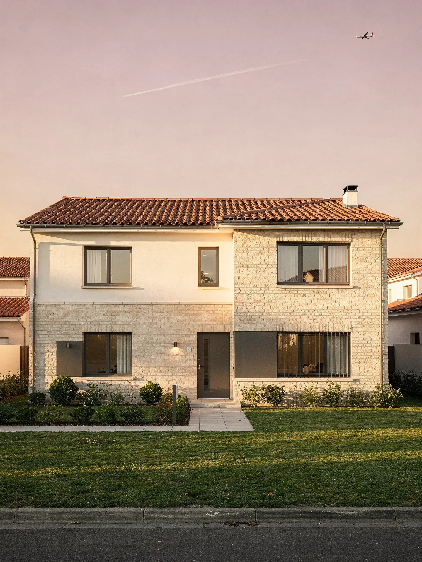 Maison contemporaine à Blagnac avec briques toulousaines pâles et toit en tuiles