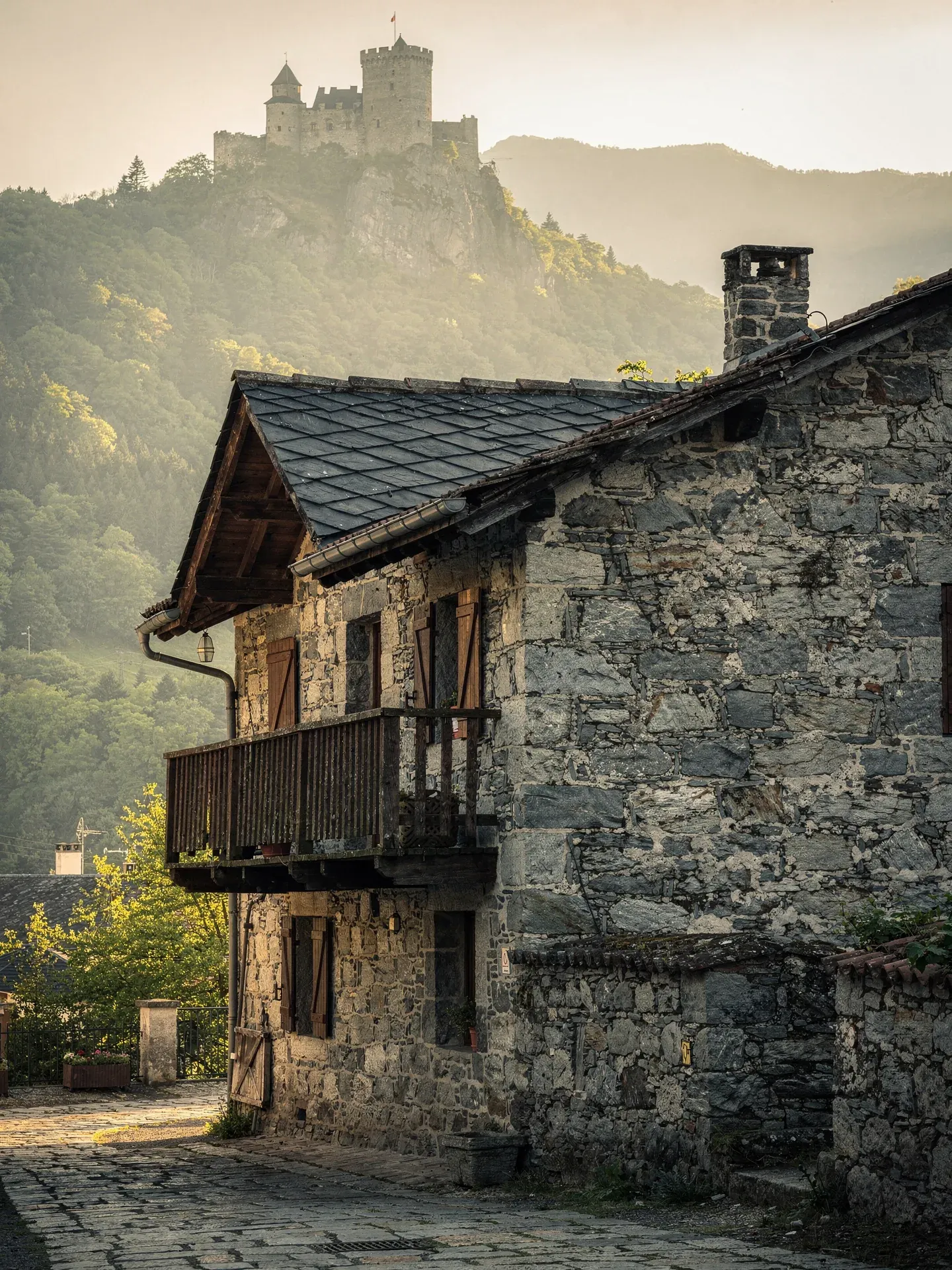 Maison pyrénéenne en pierre à Foix avec château médiéval en arrière-plan