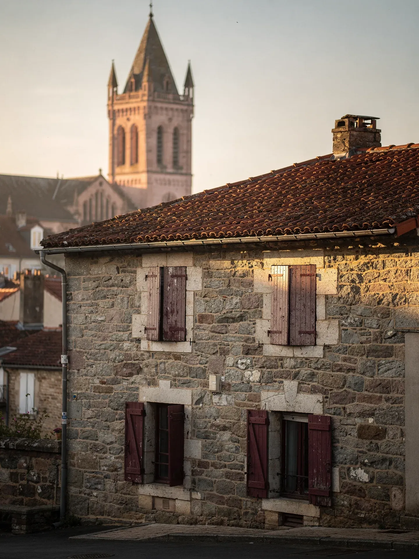Maison rouergate en pierre de schiste à Rodez avec cathédrale en pierre rose dans la brume