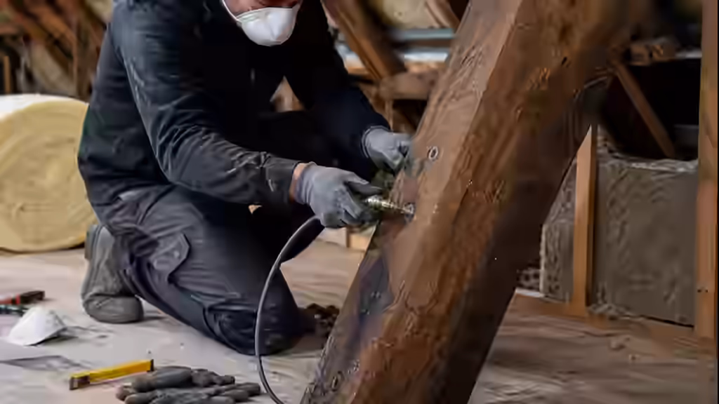 Détail d'un chevron en chêne traité par injection à cœur avec embouts de buse visibles dans une charpente traditionnelle