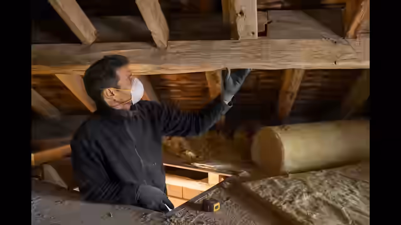 Artisan charpentier inspectant la charpente traditionnelle en chêne d&#39;une maison pavillonnaire de Colomiers depuis une trappe de combles