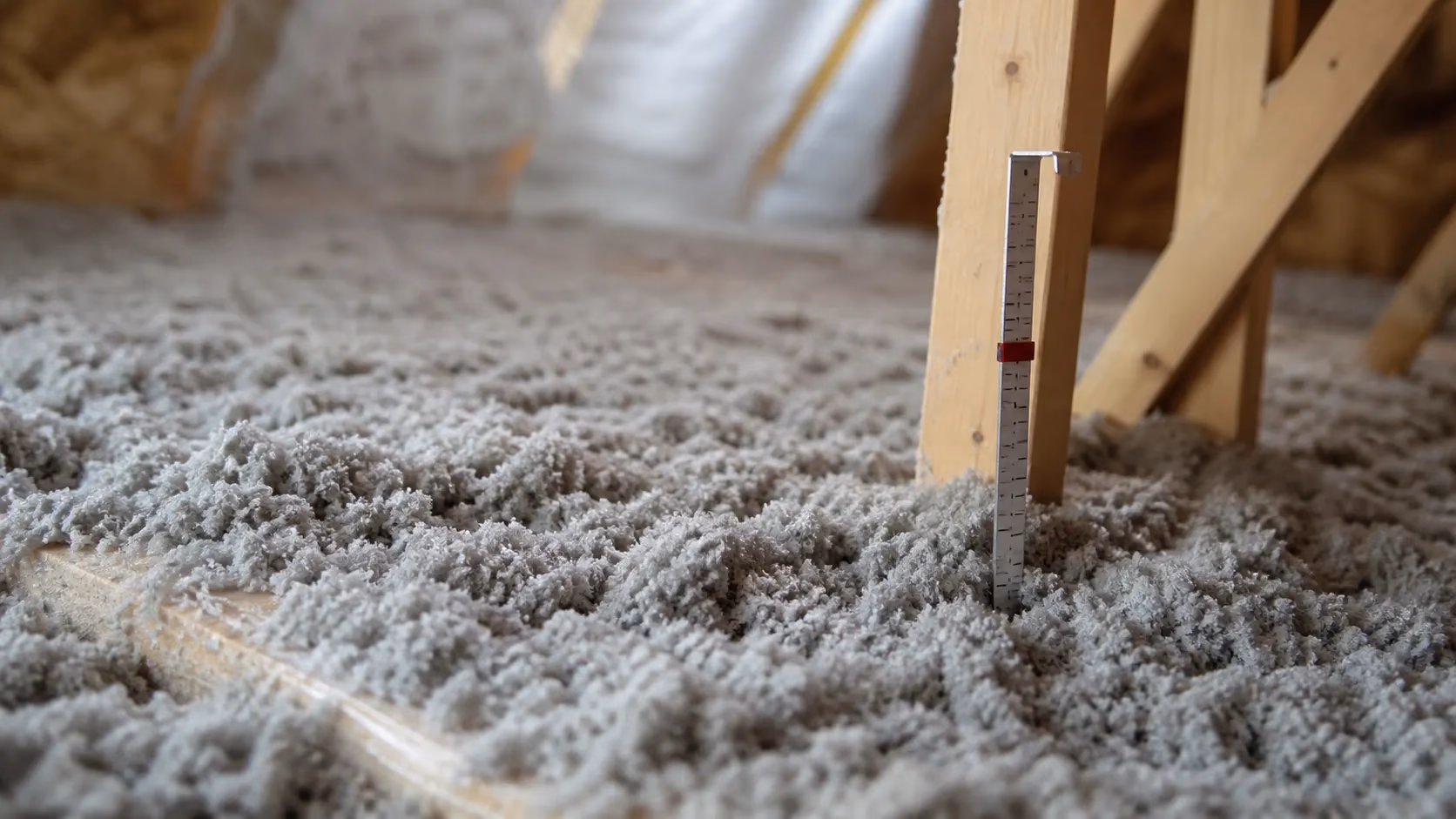 Détail de laine soufflée en vrac sur le plancher de combles perdus avec une jauge d'épaisseur plantée dedans