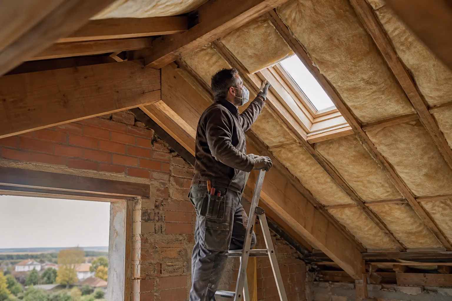 Maison individuelle en brique foraine dans le Muretain avec un artisan inspectant les combles depuis une échelle